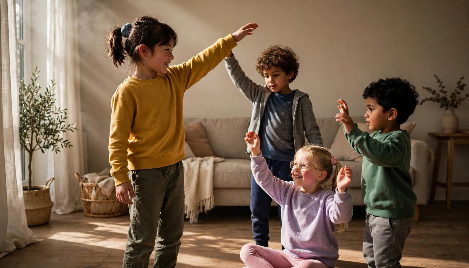 Four children enjoy an inclusive dance game, including one seated child moving their arms.