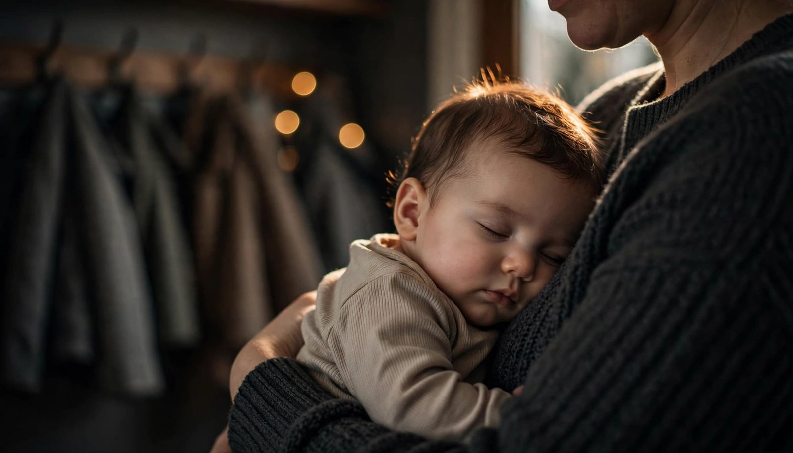 An infant relaxes against a caregiver’s chest in a warmly lit entryway.