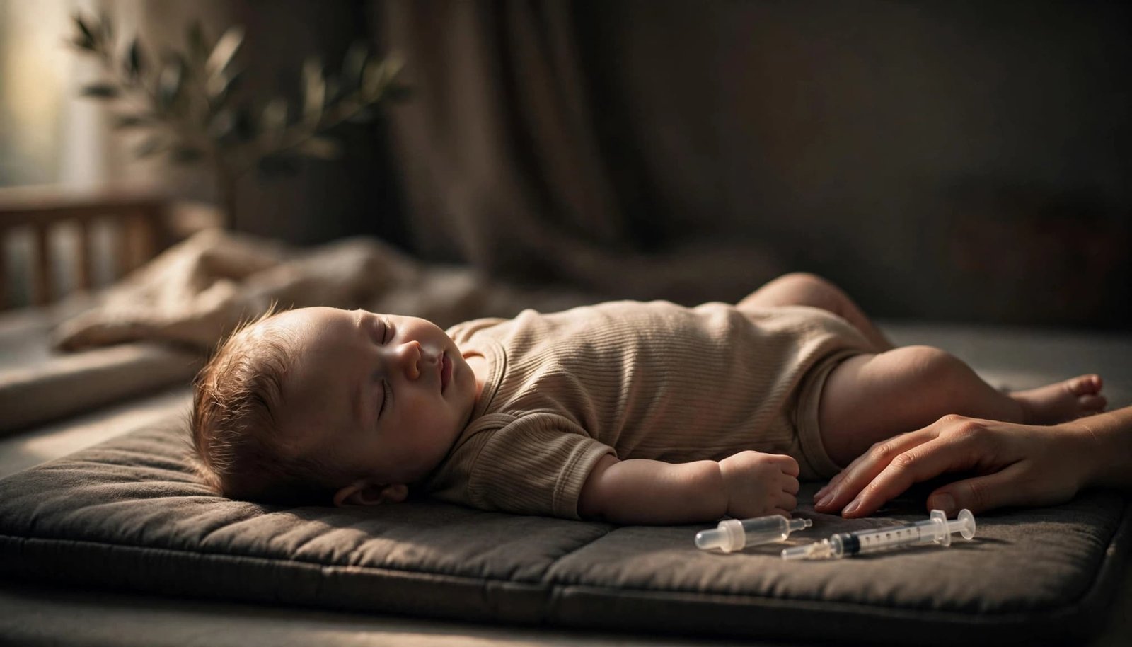 Infant on a changing mat with a caregiver’s hand and two medicine tools nearby.