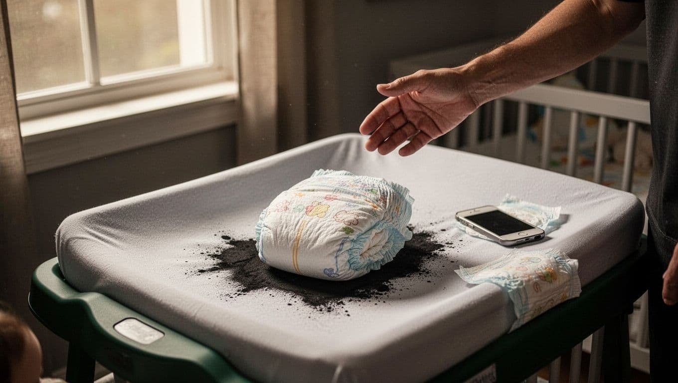 A diaper and phone on a changing pad with one caregiver hand nearby.