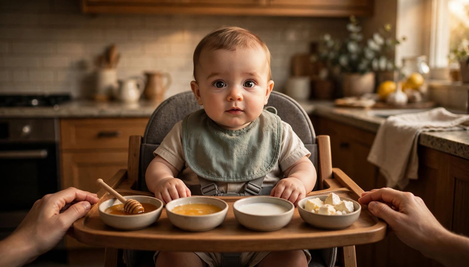Baby in a high chair with separate bowls of honey, juice, milk, and unpasteurized foods nearby.
