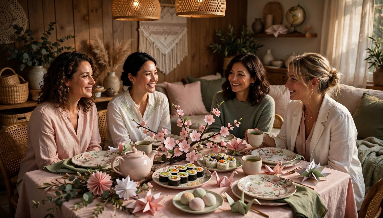 Women enjoy tea, mochi, and sushi around a cherry blossom party table.