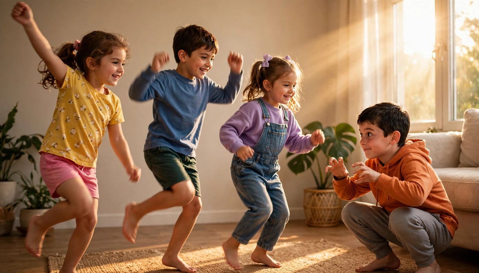 Four children dance in a bright living room while one poses like an animal.