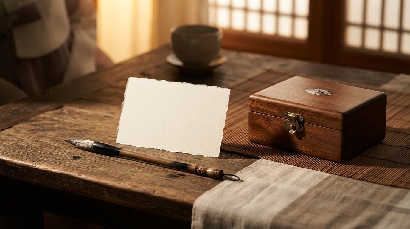 A blank cream name card beside a brush and wooden baby keepsake.