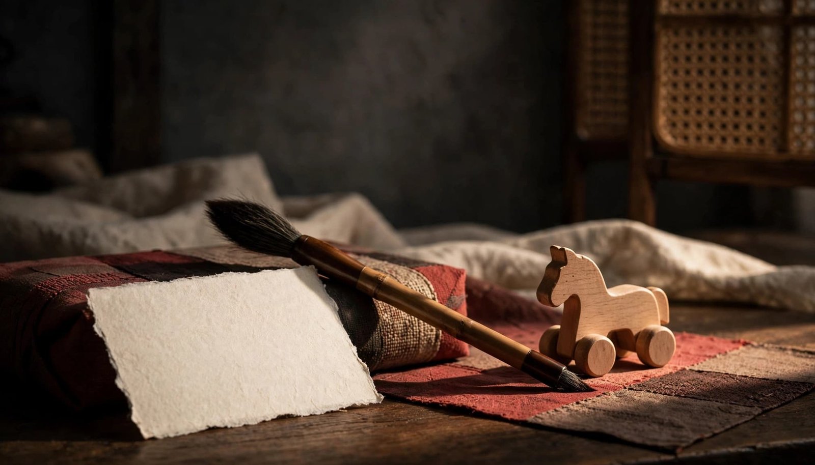 A blank name card, brush, and wooden toy on a warmly lit family table.