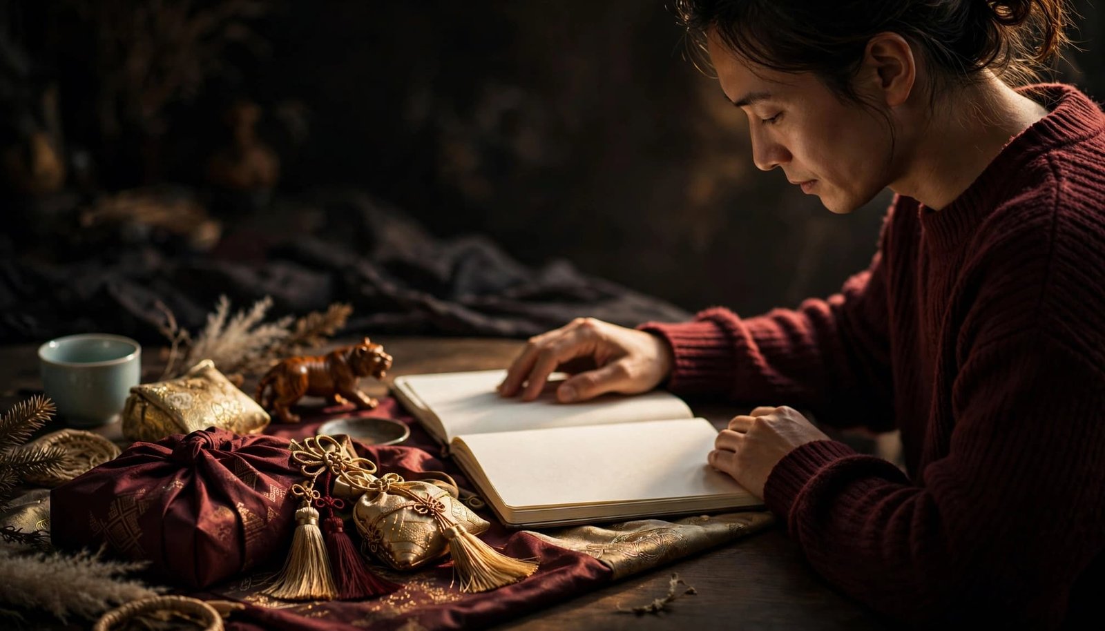 An adult reviews baby name notes beside a keepsake at a warmly lit table.