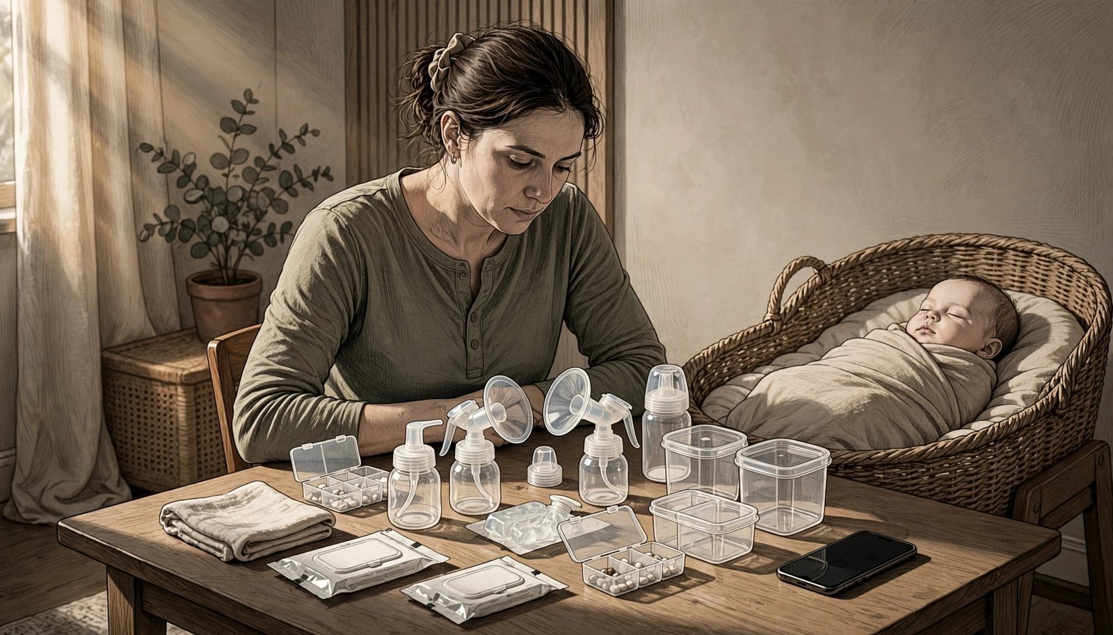 A parent checks medication beside pump parts while a baby rests in a bassinet.