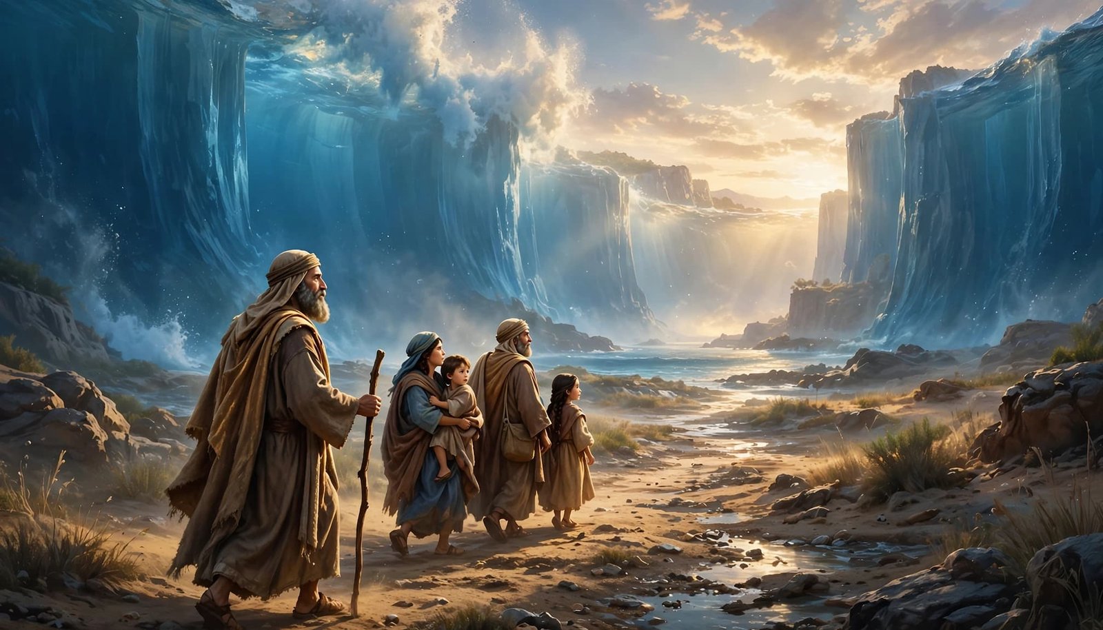 Moses leads four Israelites along a dry path between towering walls of water.