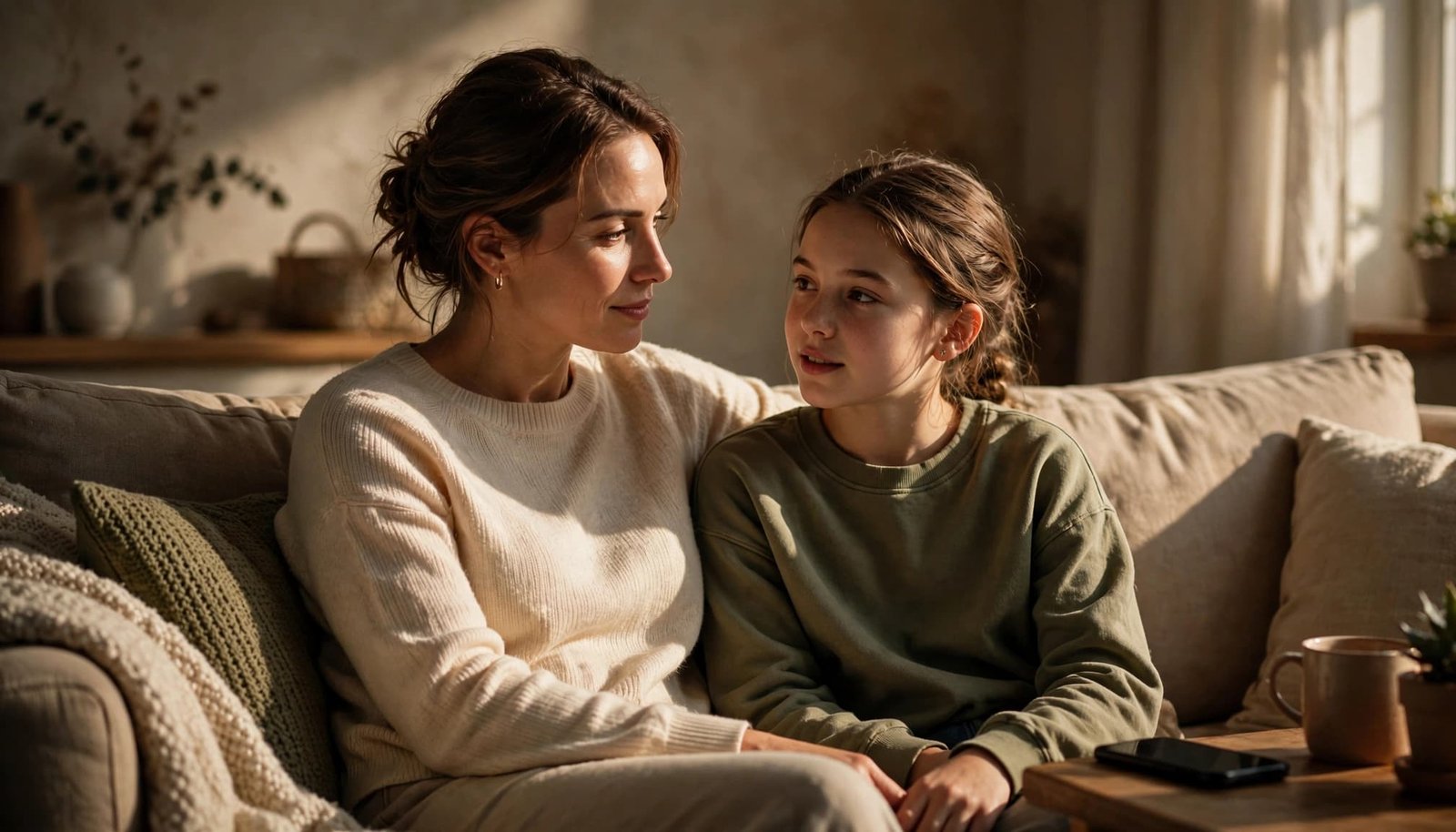 A mother and daughter talk together on a cozy sofa with a phone nearby.