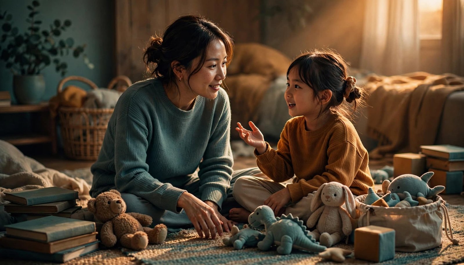 A mother listens to her daughter during play on a cozy living-room floor.