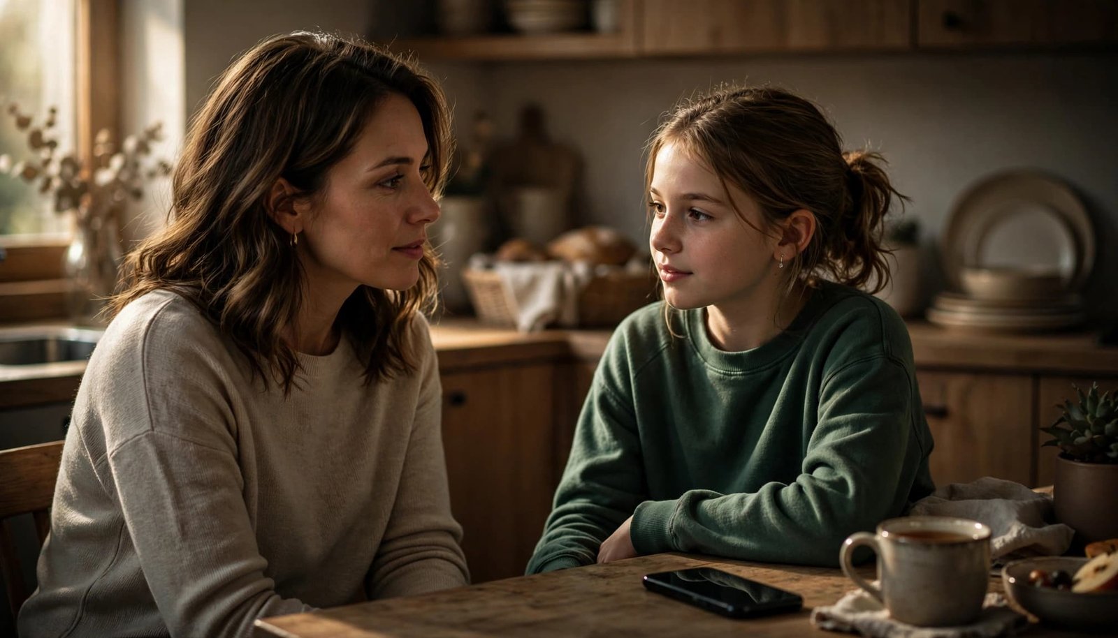 A mother and daughter calmly talk at a kitchen table with a phone nearby.
