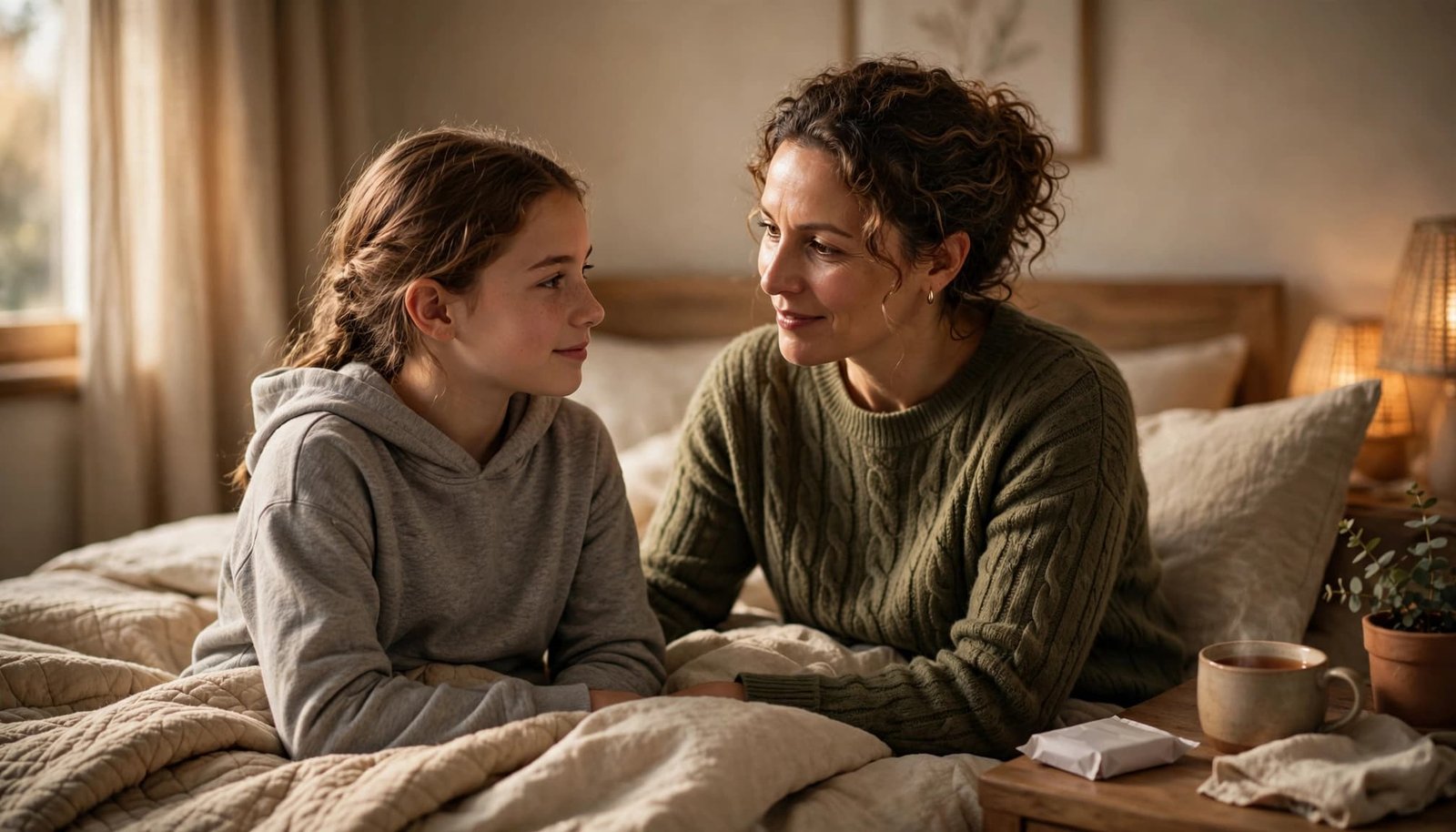A mother and daughter talk on a bed beside an unopened period product package.