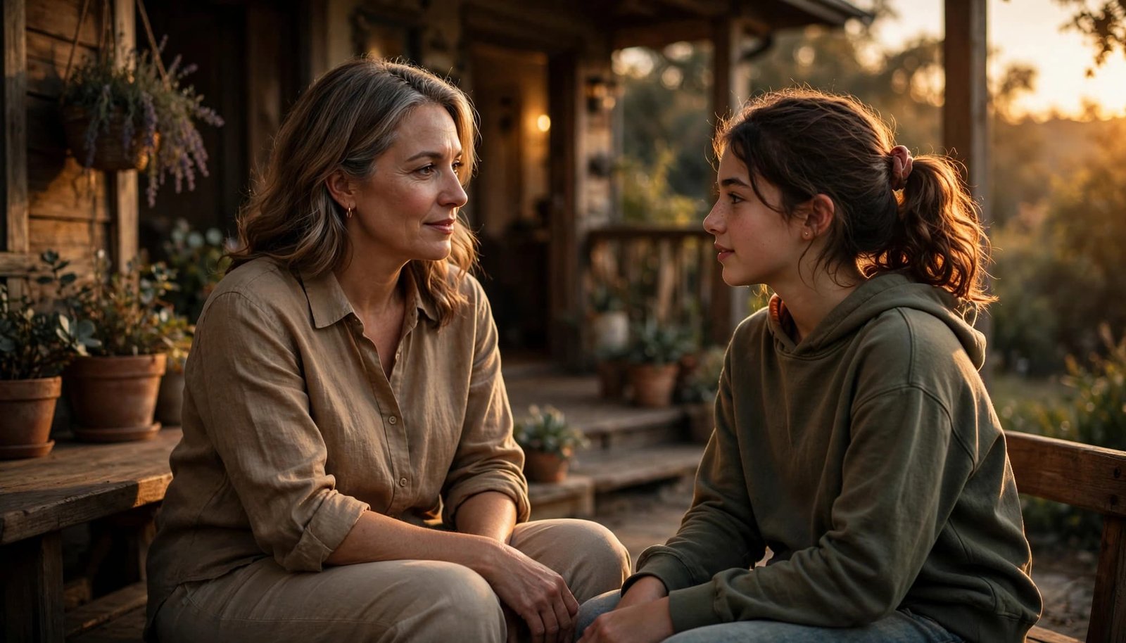 Mother and daughter sitting together on a porch in warm evening light.