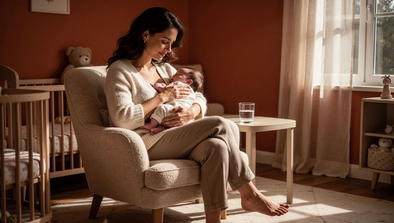 A mother breastfeeds her infant in a softly lit nursery beside a glass of water.