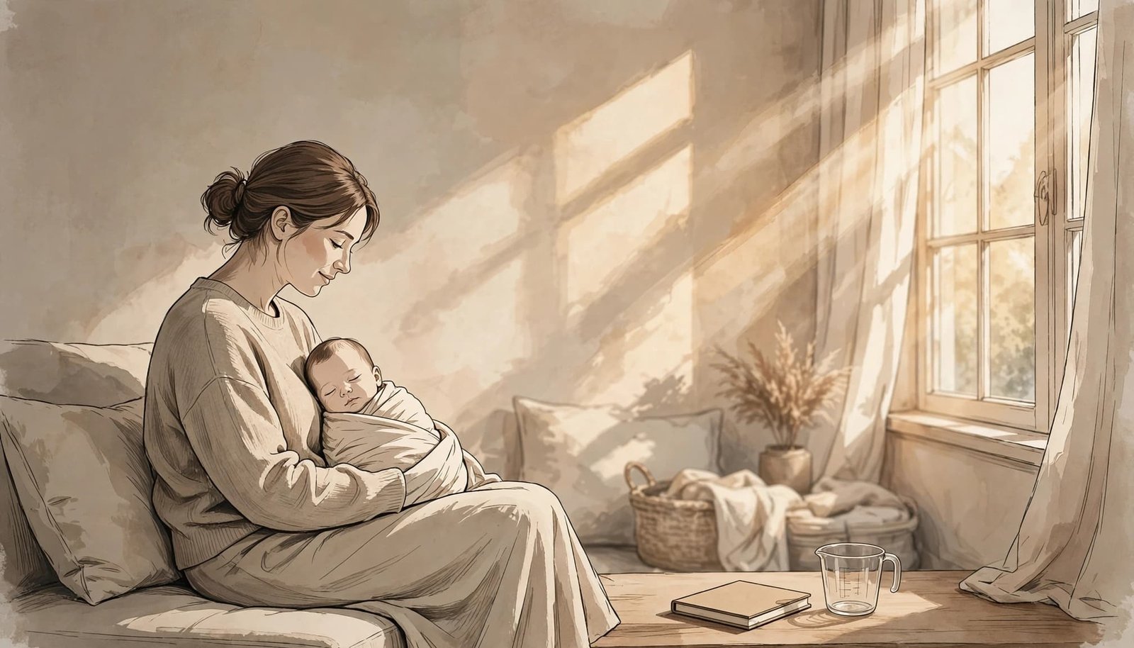 Mother feeds her infant beside a notebook and measuring cup in a softly lit nursery.