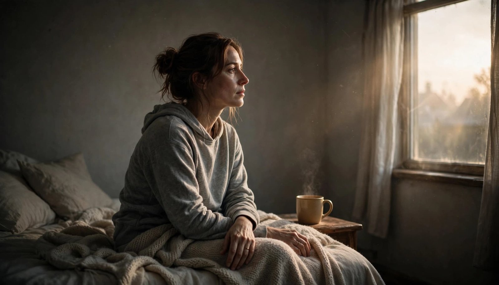 A tired mother rests on a bed beside a mug and soft blanket at dawn.