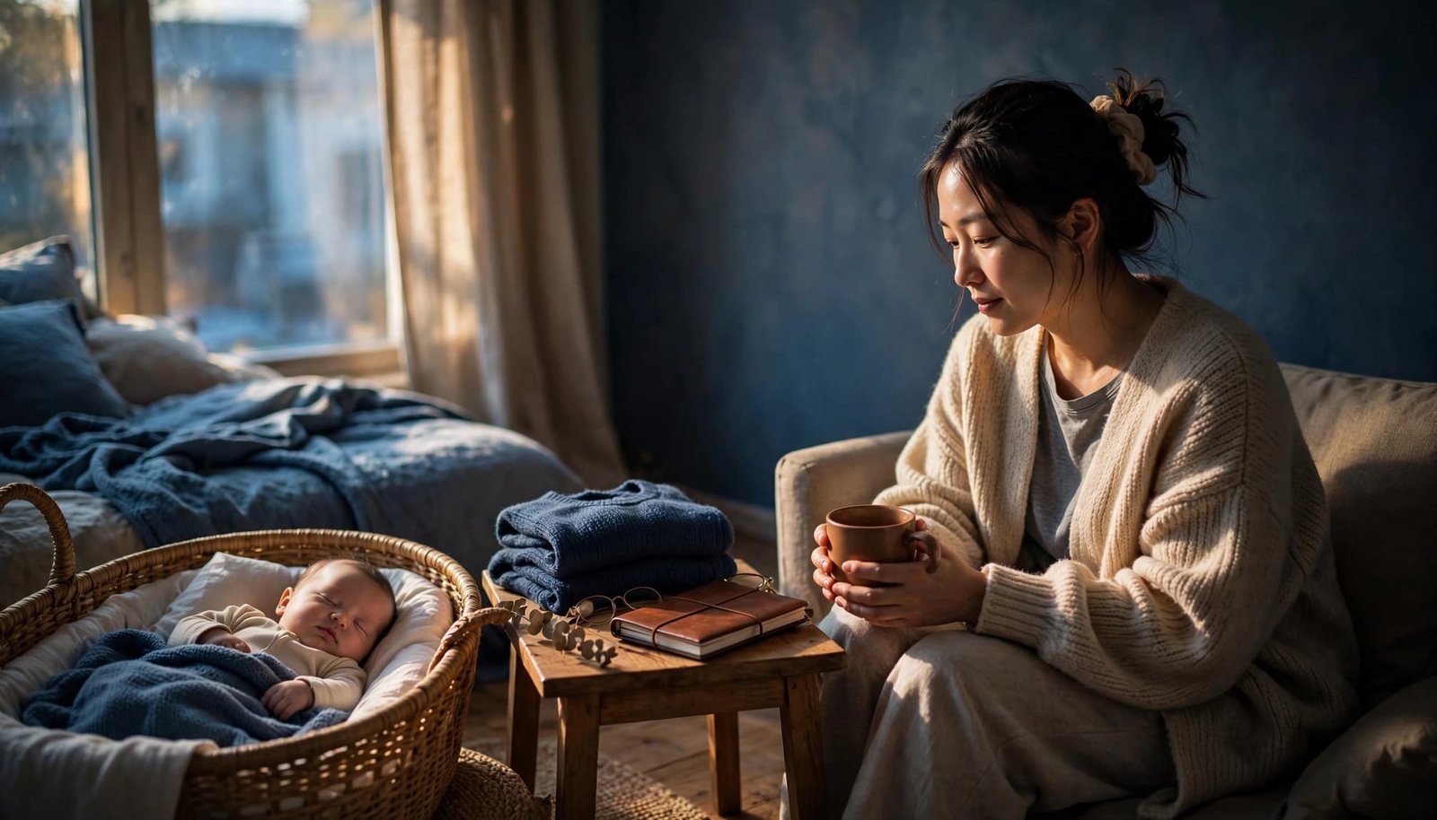 New mother holding a mug beside a bassinet with her sleeping baby.