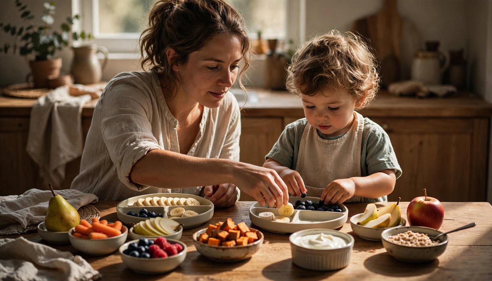 Parent and toddler portion fruit, vegetables, yogurt, and oatmeal at a bright kitchen table.
