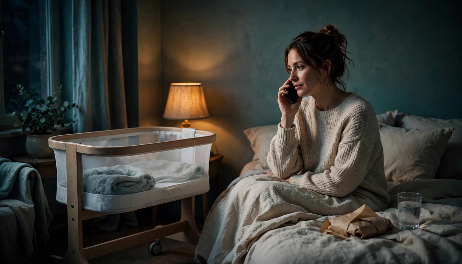 A new mother holds a phone beside a bassinet, with food and water nearby.