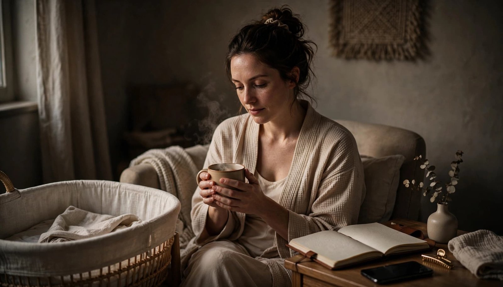 A new mother holds a mug beside a bassinet, with a journal and phone nearby.