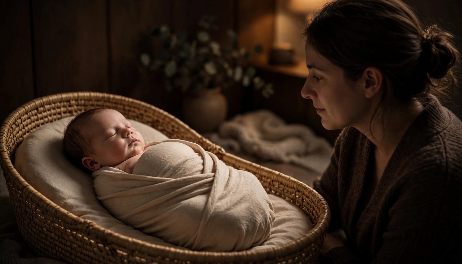A newborn breathes calmly in a bassinet while a parent watches nearby.