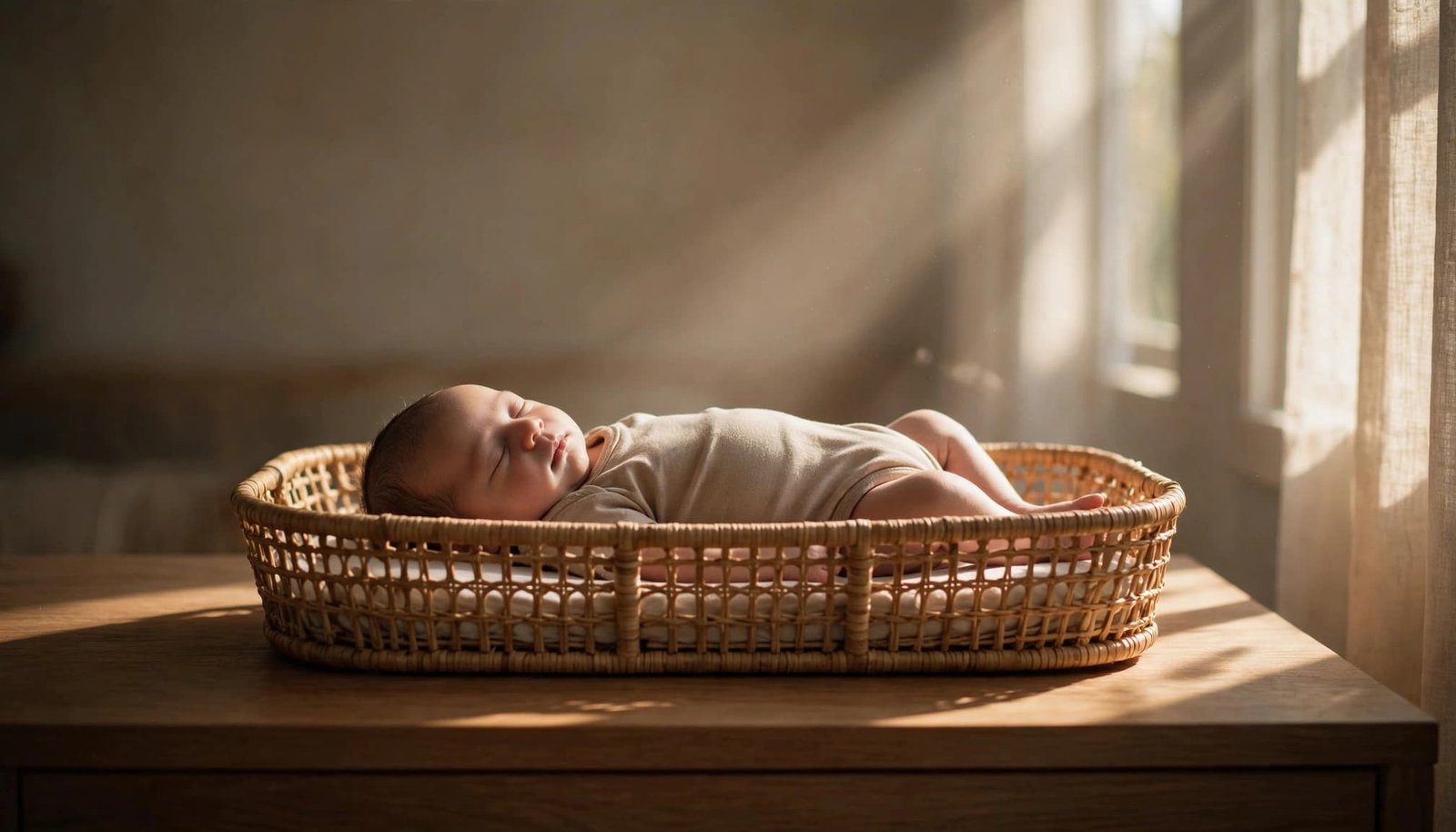 Newborn sleeping on their back in a clear bassinet in a warm nursery.