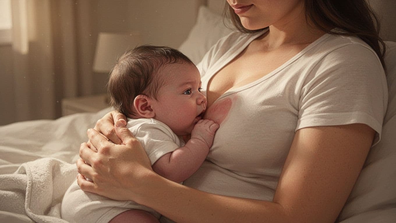 A parent gently holds a newborn near the breast in a warm room.