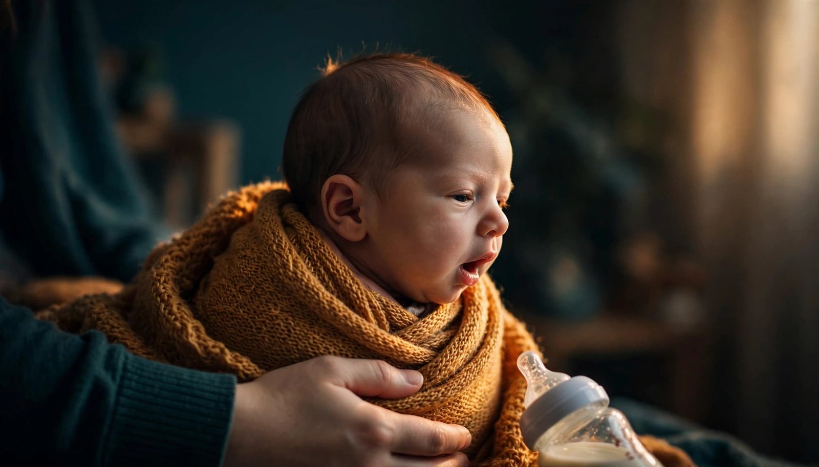 Newborn coughing and turning slightly while safely held during feeding.