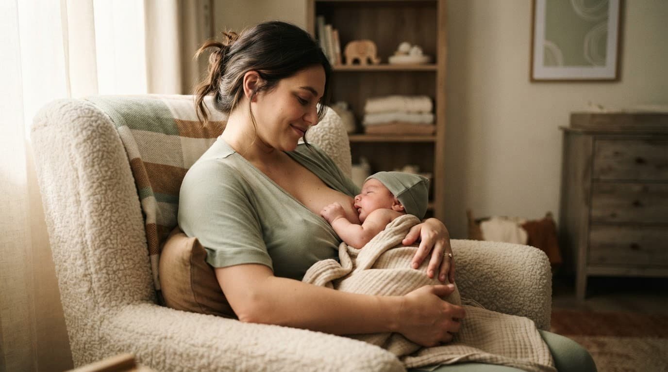 Mother breastfeeding her newborn in a softly lit nursery chair.