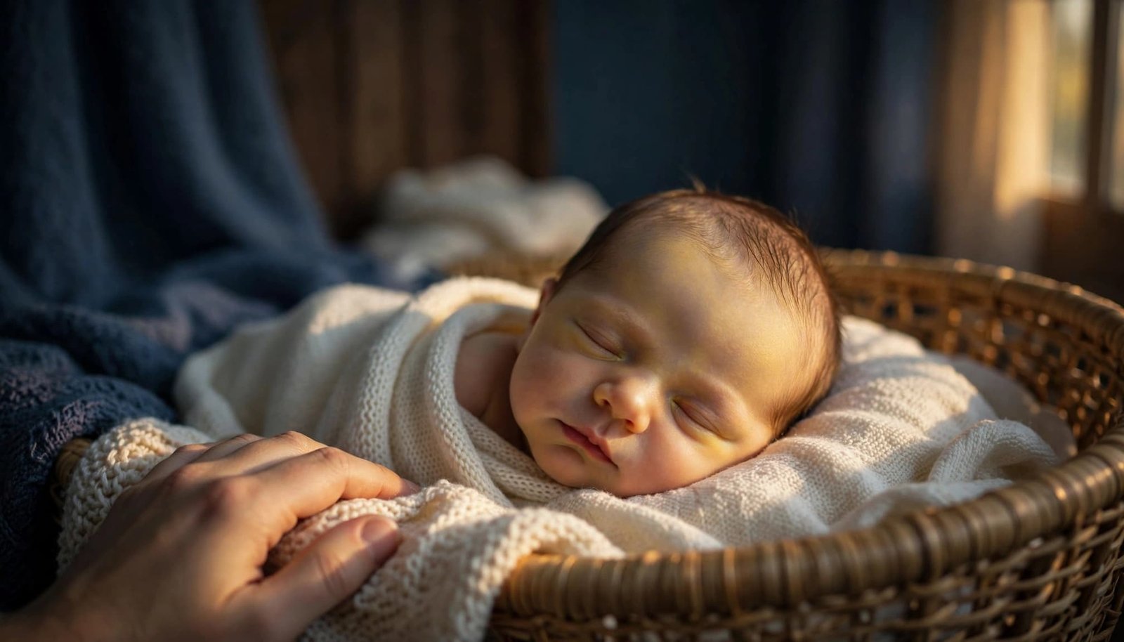 Newborn resting in a bassinet with a parent’s hand near the blanket.