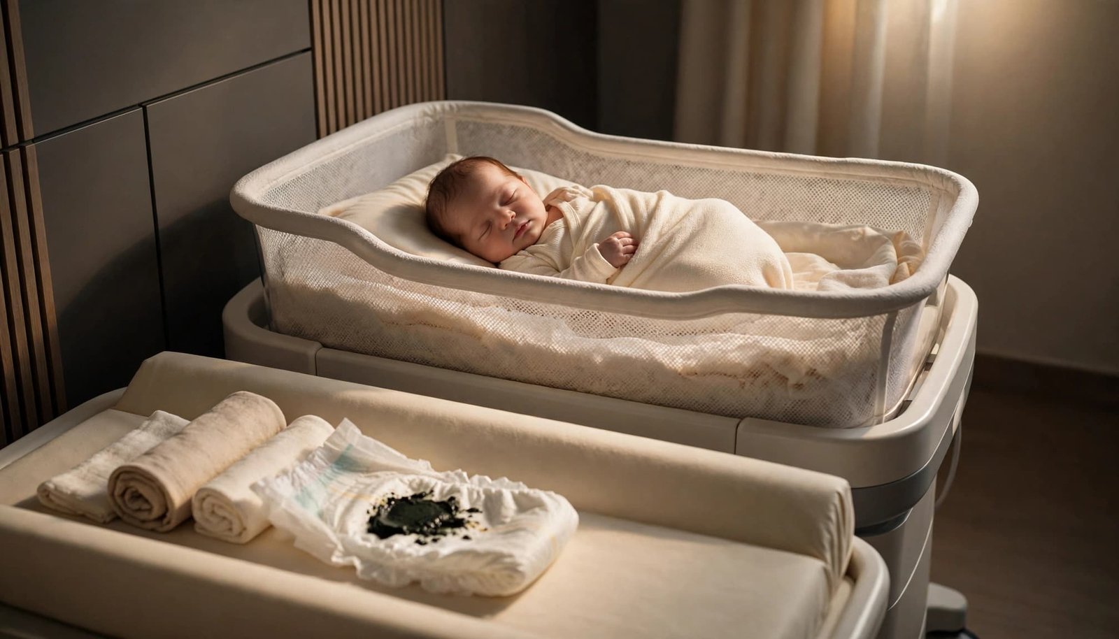 Sleeping newborn in a hospital bassinet beside a changing area with dark meconium.