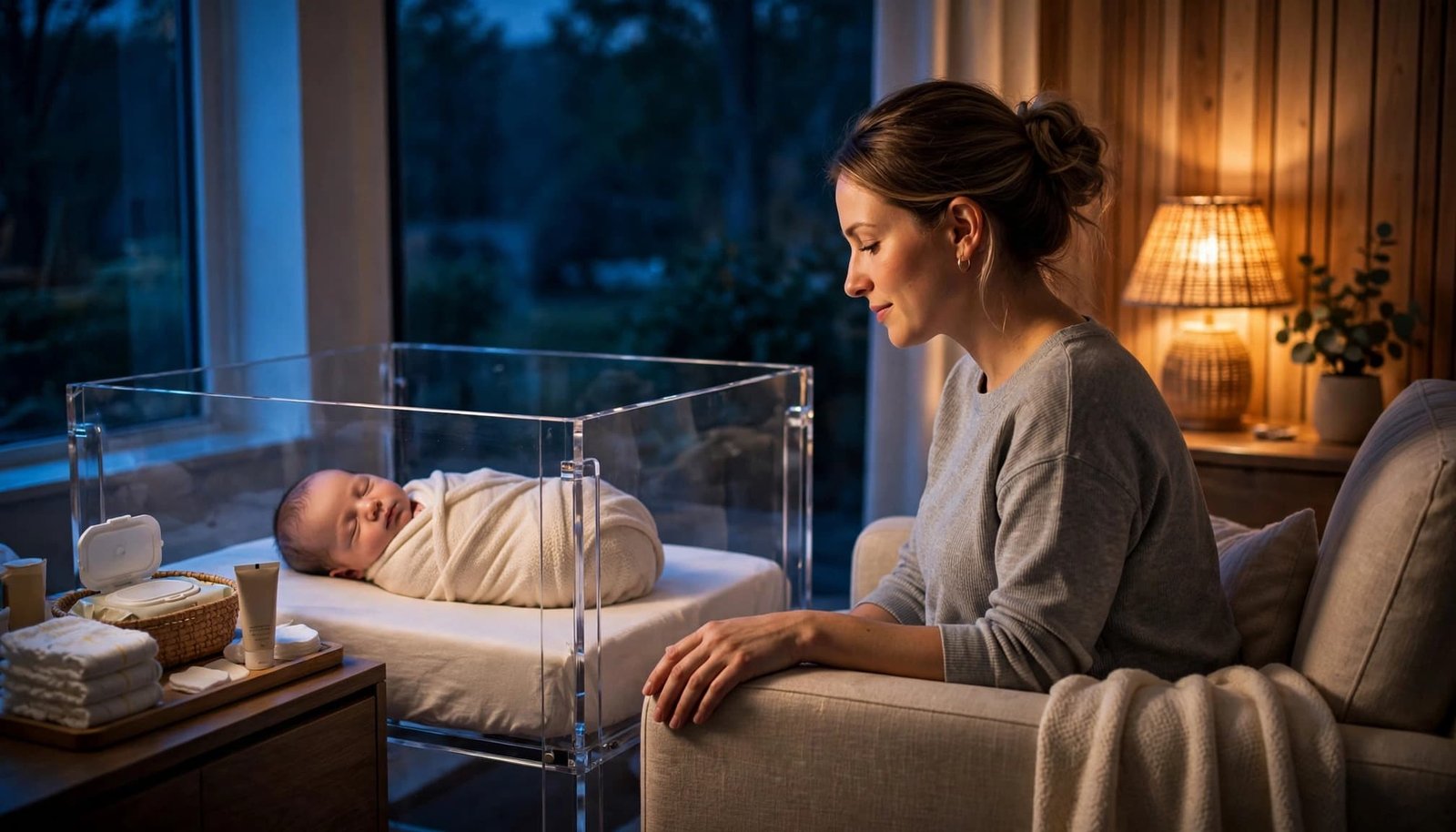 A mother sits beside her newborn in a warmly lit nursery with diapers nearby.