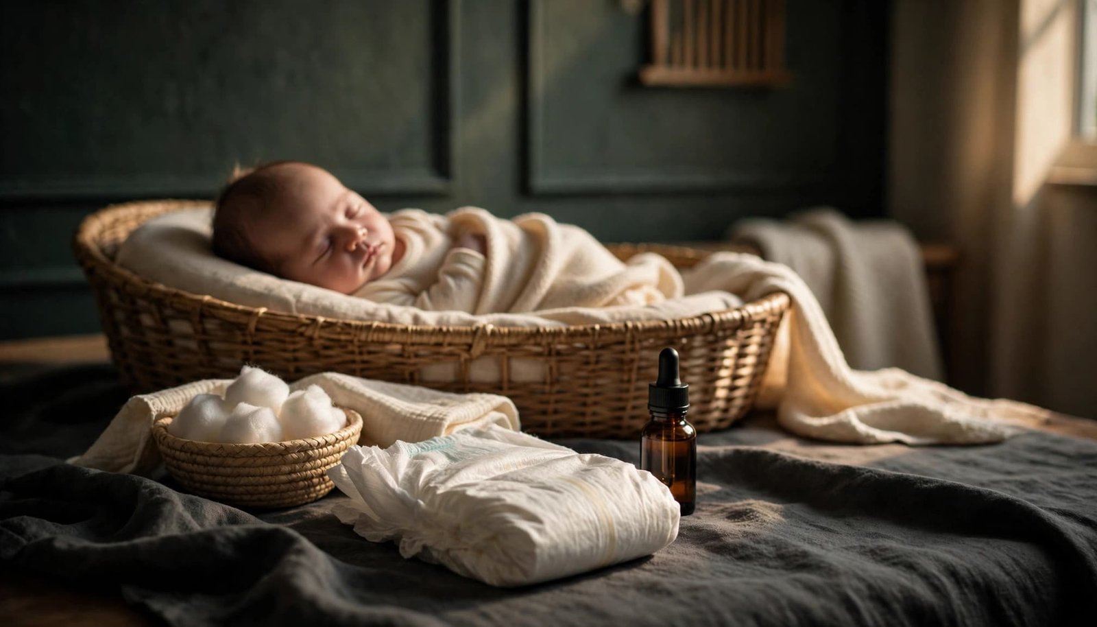 A newborn rests in a bassinet behind a clean diaper and iron supplement bottle.