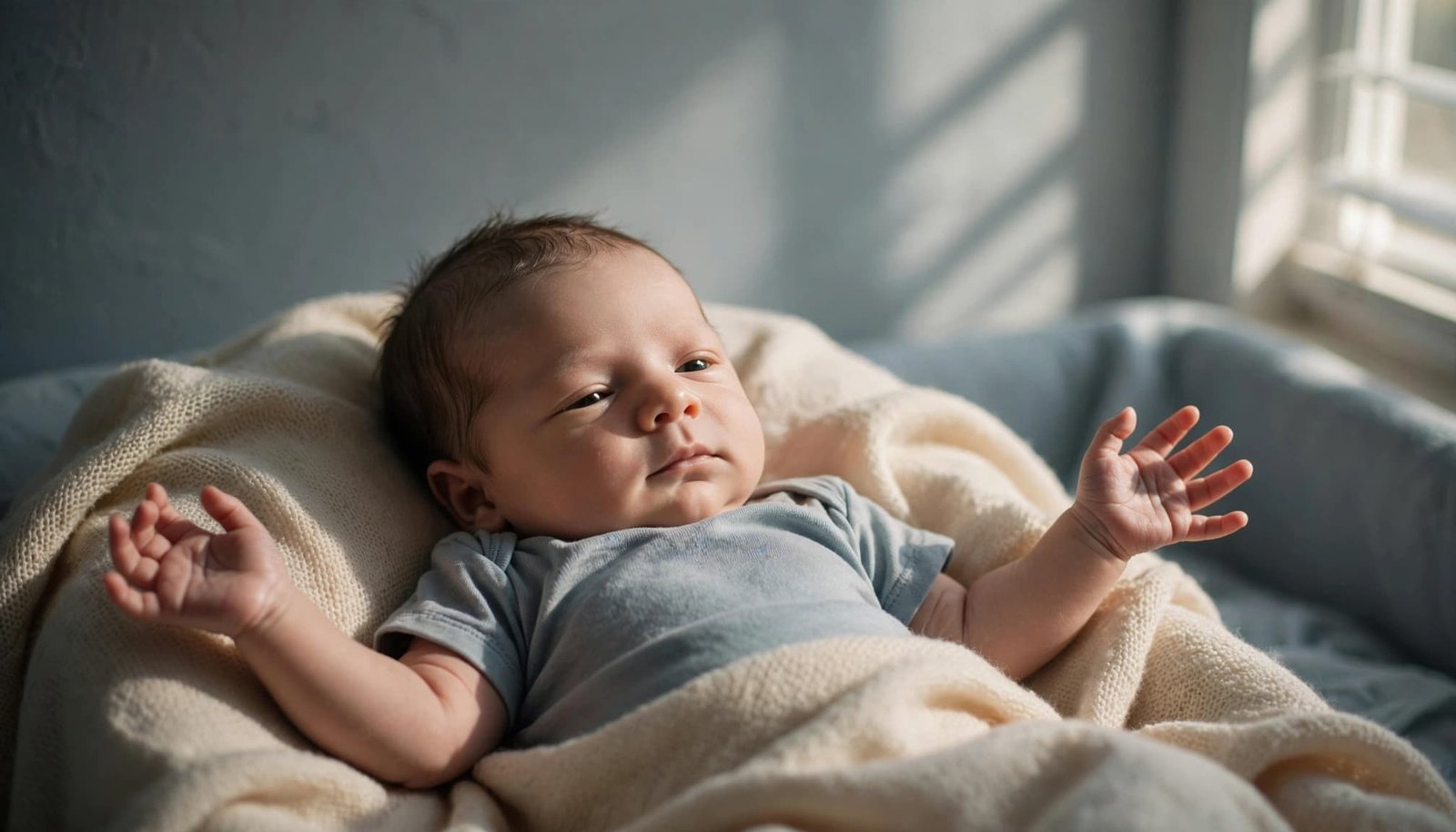 Newborn baby resting on their back under a warm blanket in soft window light.