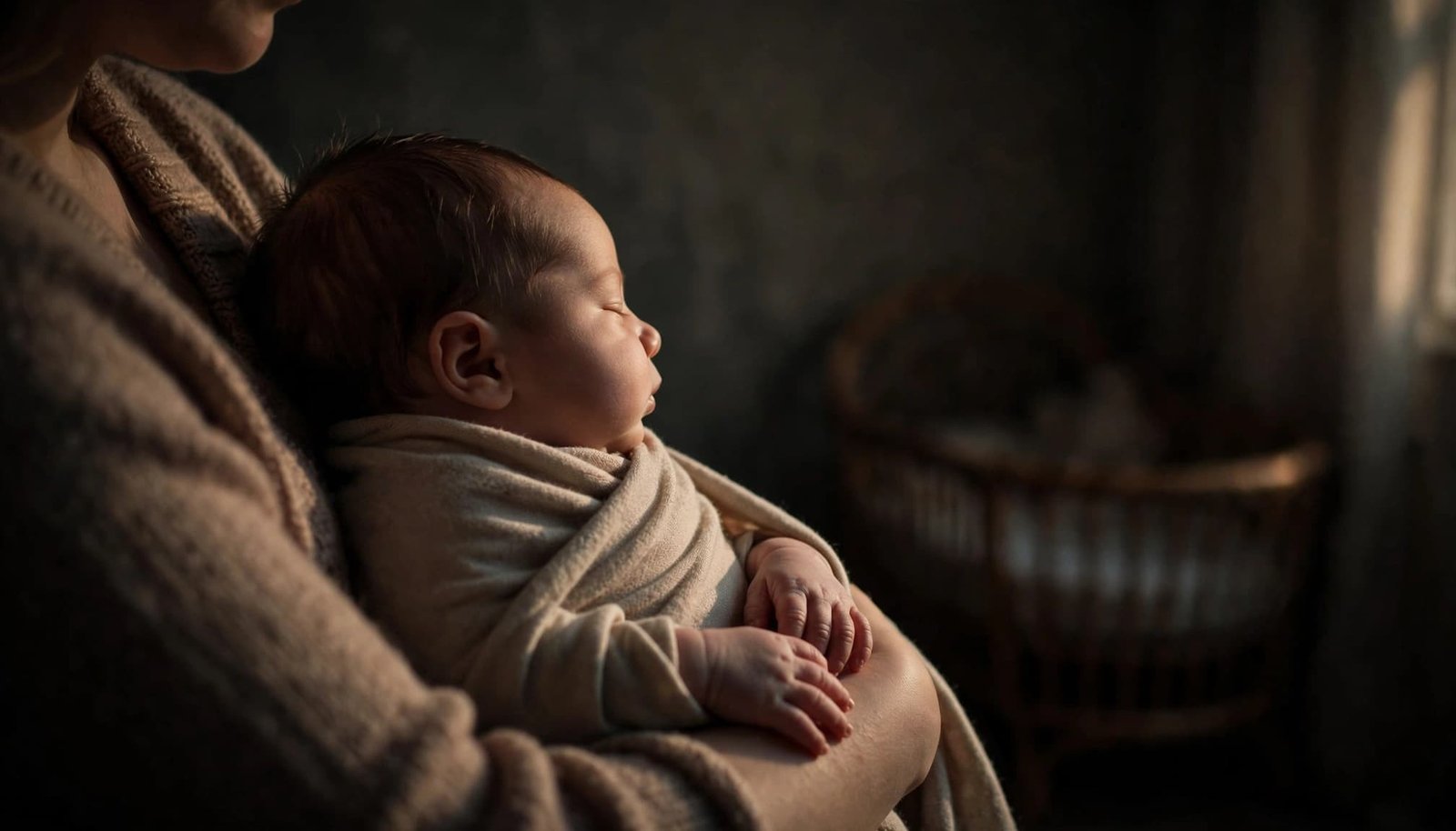 A newborn rests in a caregiver’s arms with the face turned away.