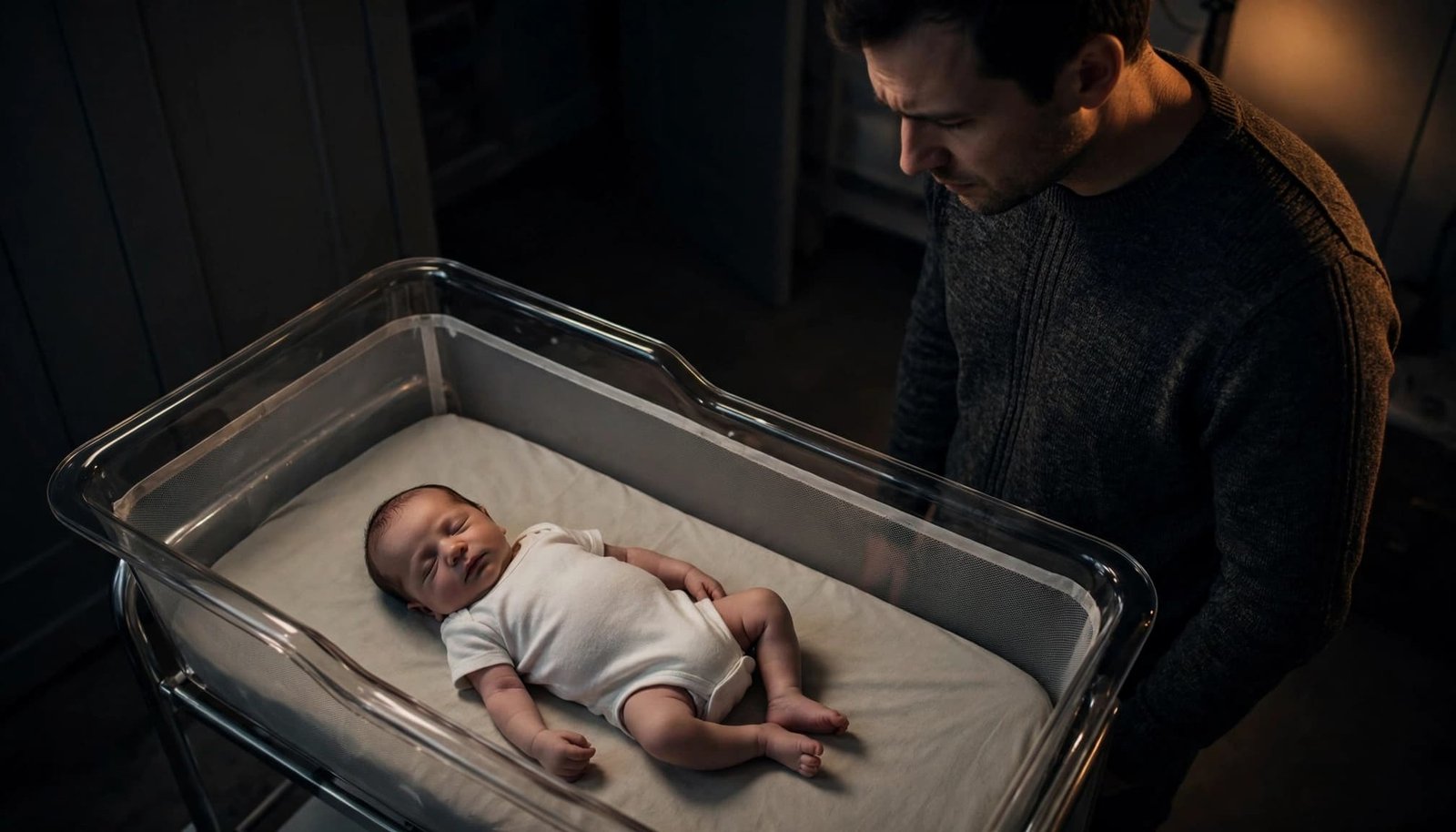 A newborn sleeps on their back in a clear bassinet while a parent watches nearby.