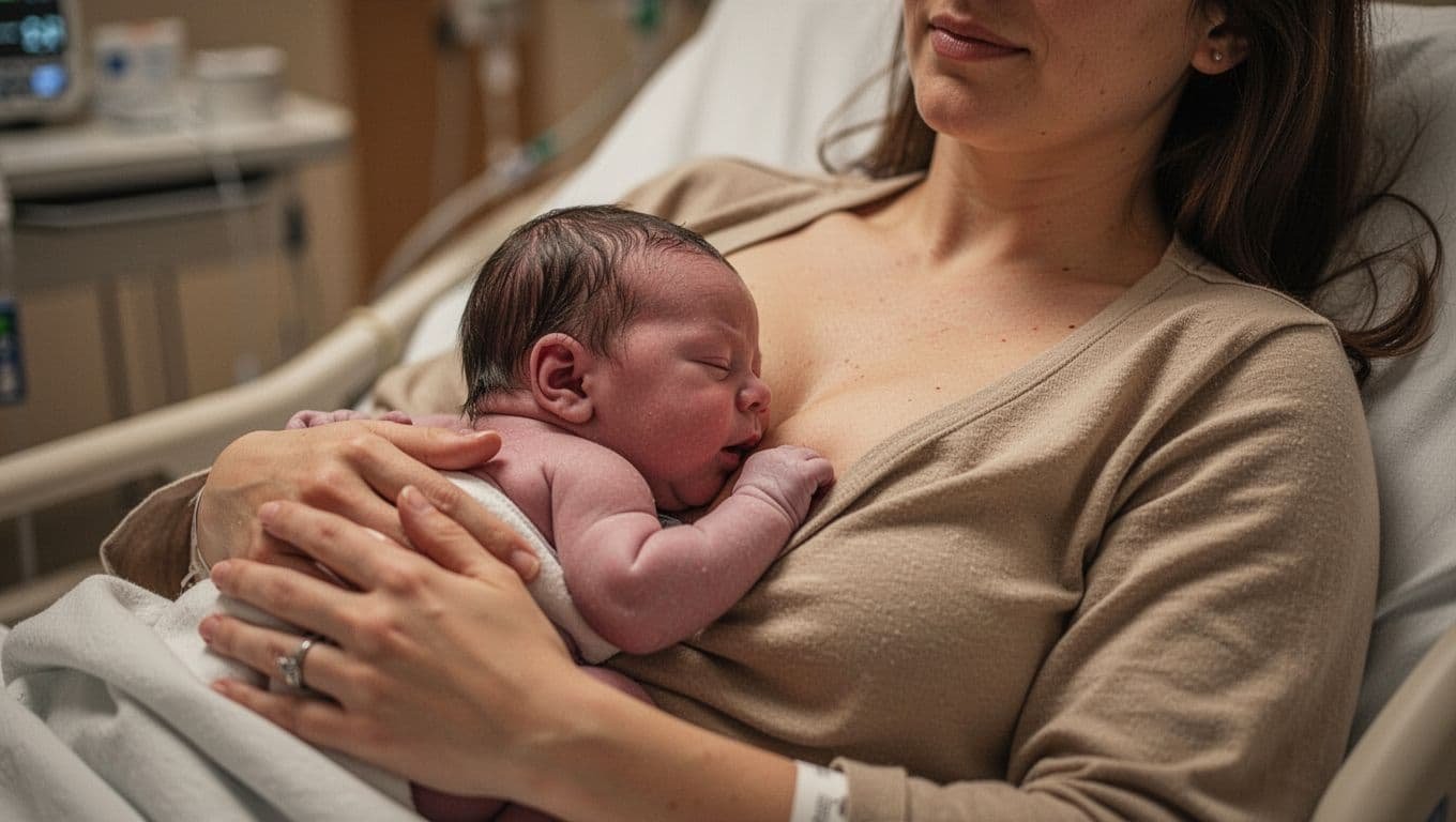 A newborn rests skin-to-skin on the mother’s chest near the breast.