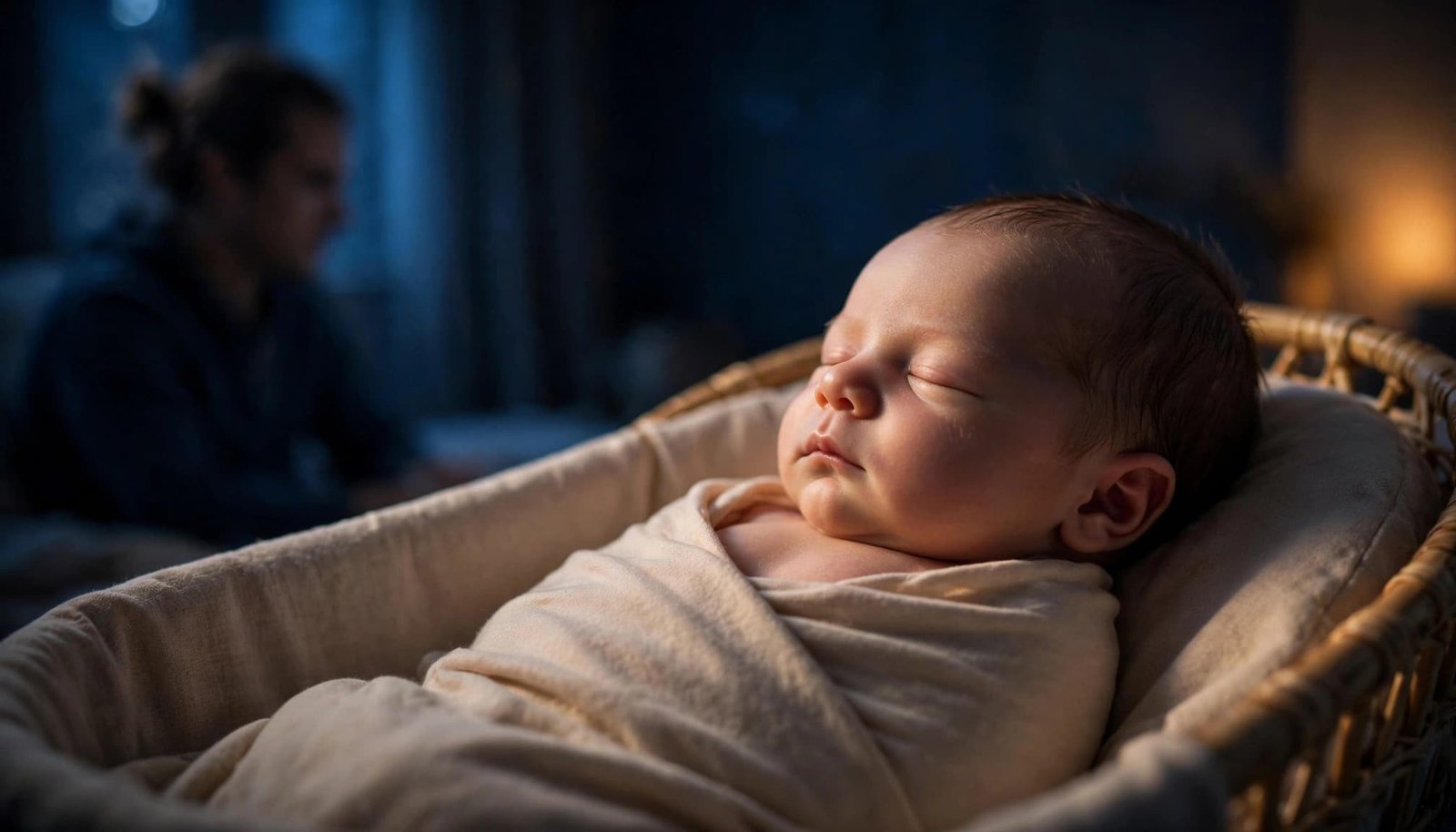 A sleeping newborn rests in a bassinet while a parent watches nearby.