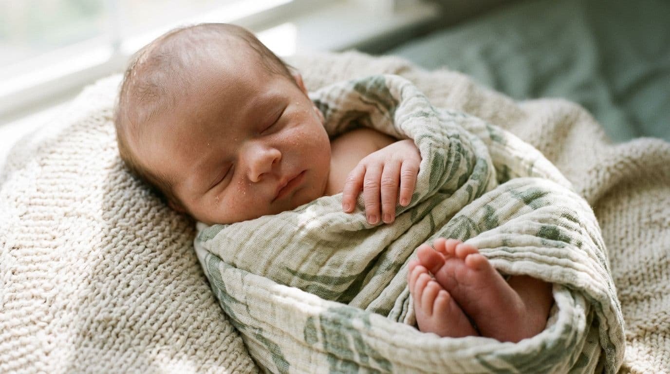 Peaceful newborn in a neutral swaddle with delicate peeling skin on tiny hands and feet.