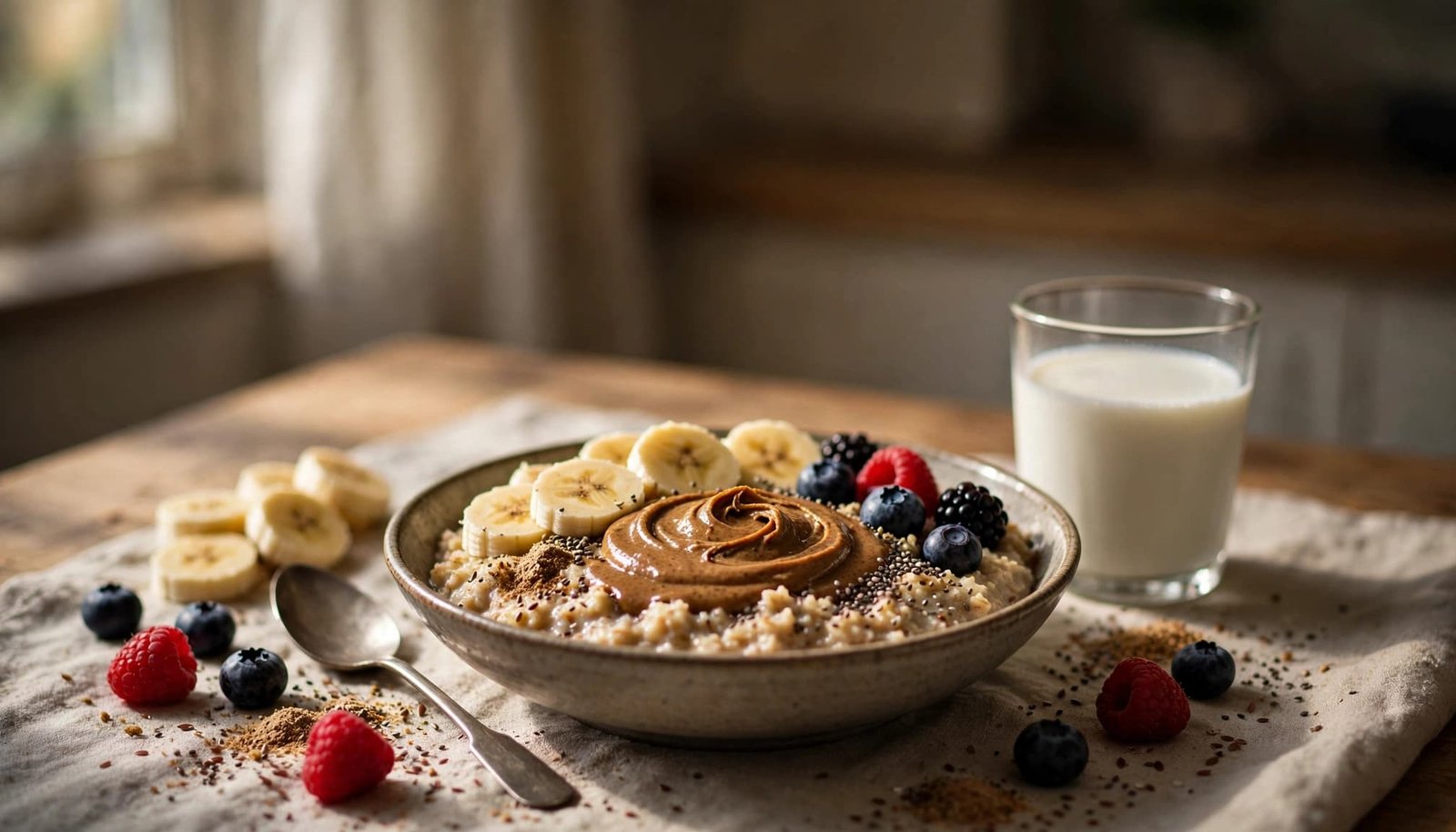 Oatmeal with banana, berries, seeds, and nut butter beside a spoon and glass of milk.