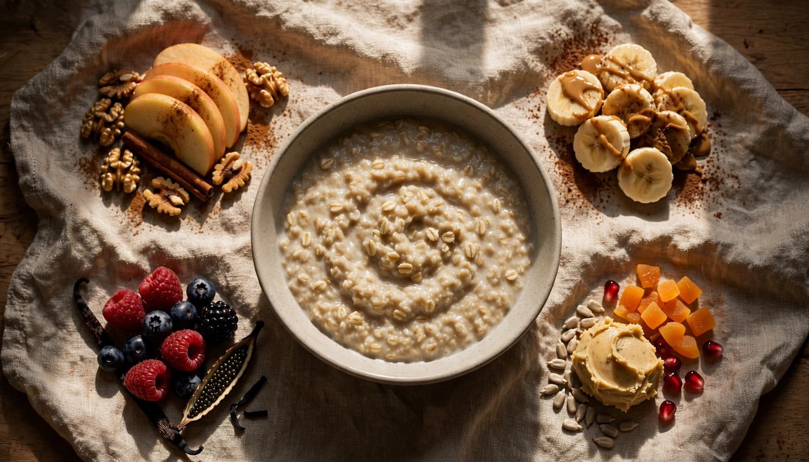 Oatmeal bowl surrounded by fruit, nuts, cocoa, and seed butter toppings.