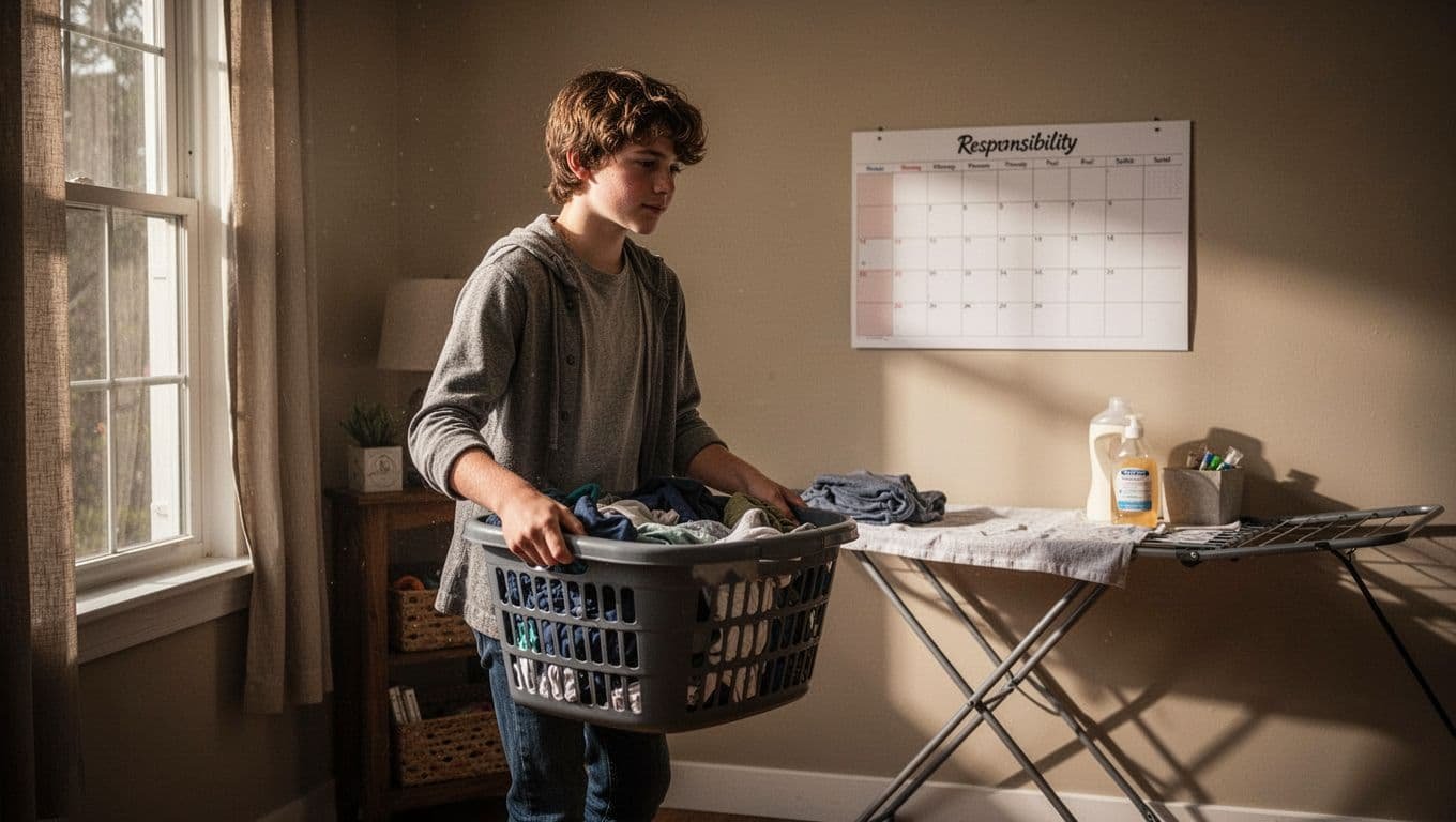 Older teen carries a laundry basket toward a folding area.