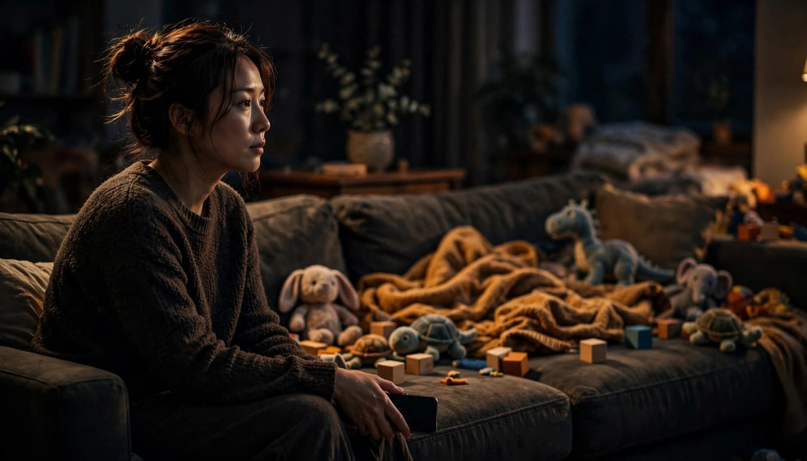 A mother sits on a sofa with a phone beside scattered toys and a blanket.