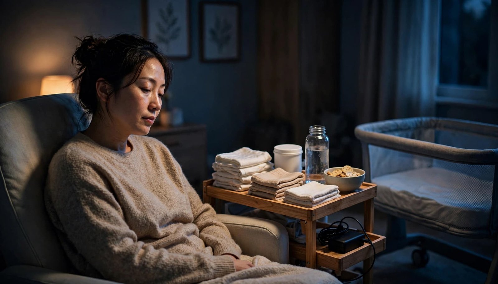 A tired mother sits beside a stocked baby care station and nearby bassinet.