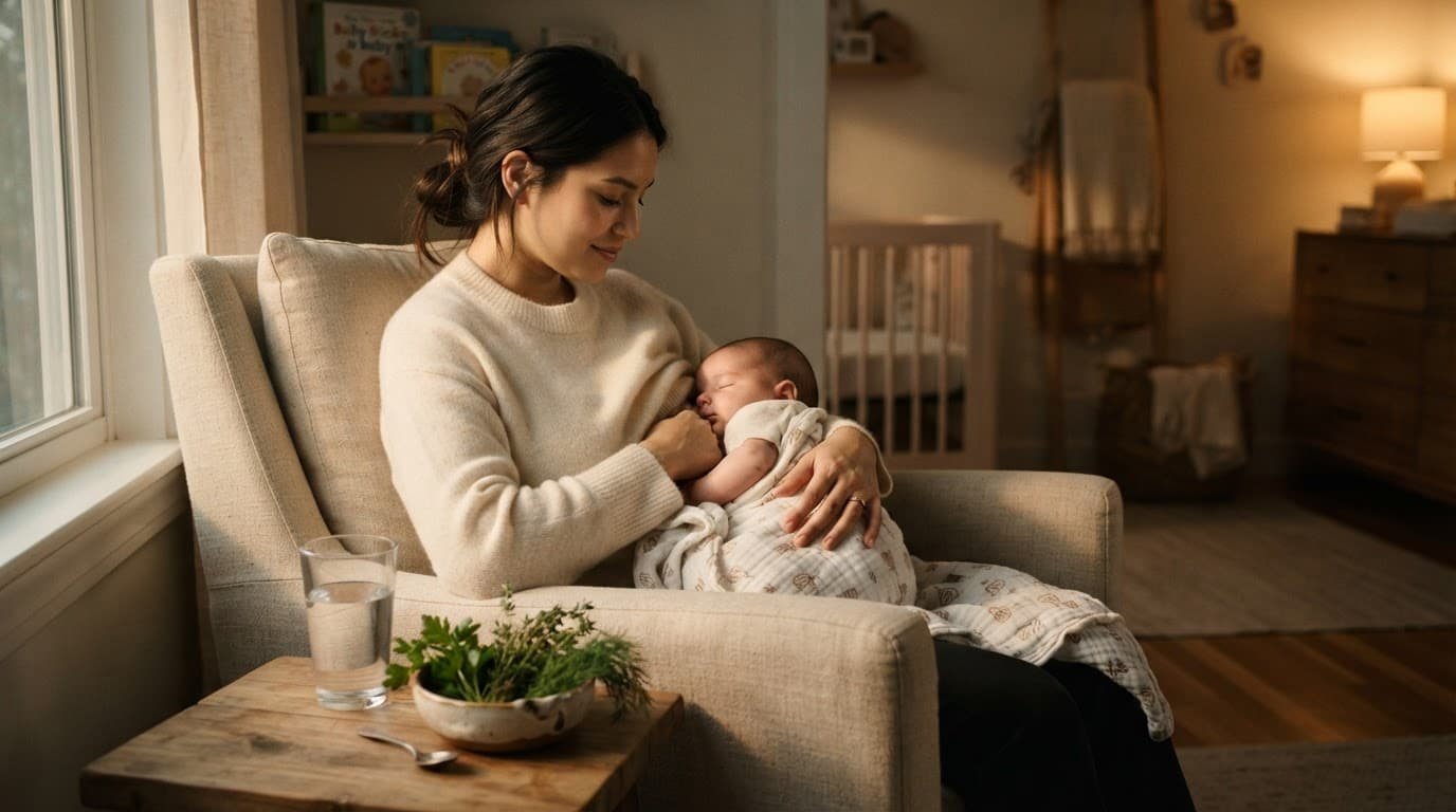 A parent sits beside a baby near a chair, blanket, water, and herbs.