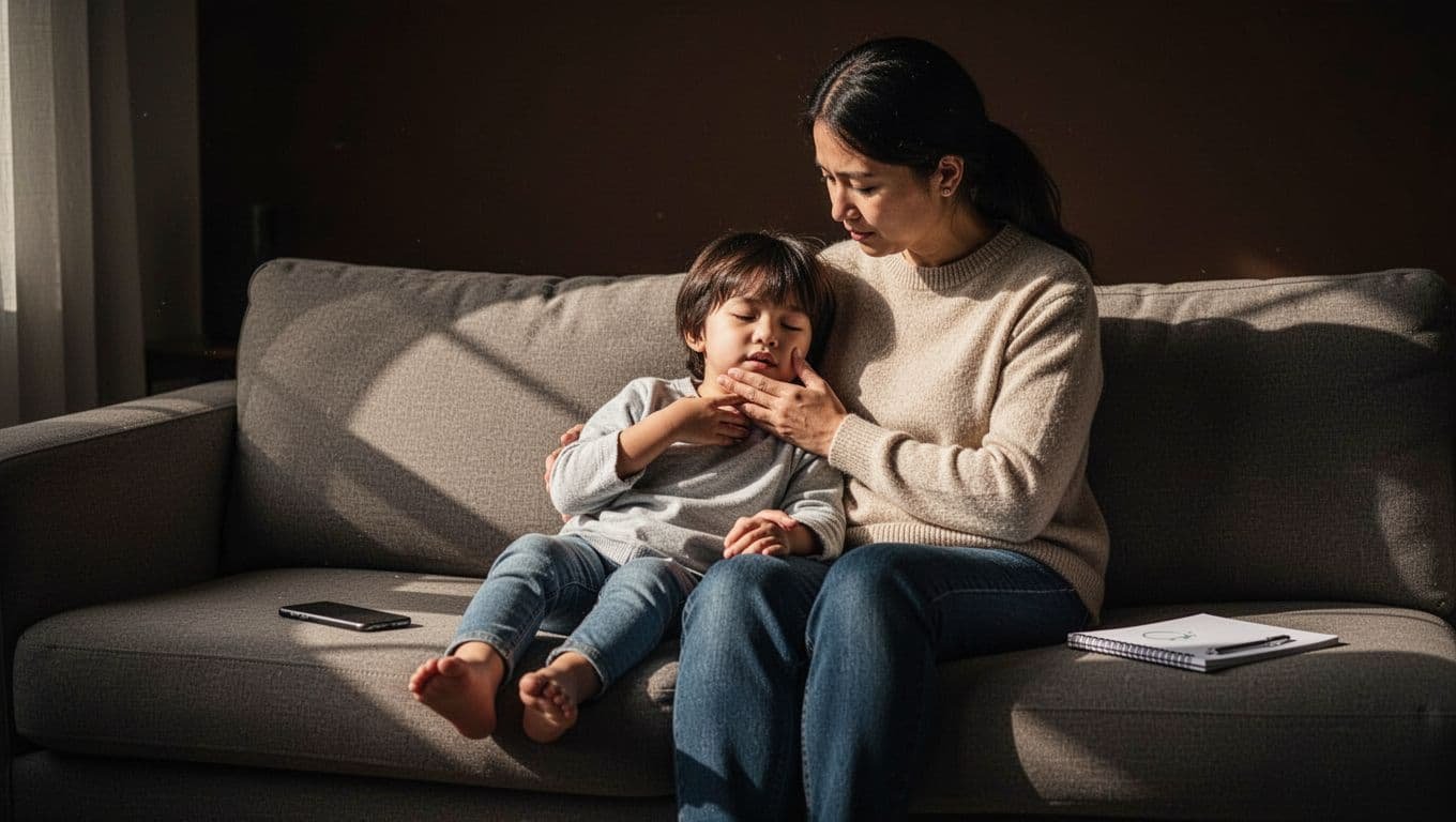A parent checks a child’s breathing beside a phone and notebook on a sofa.