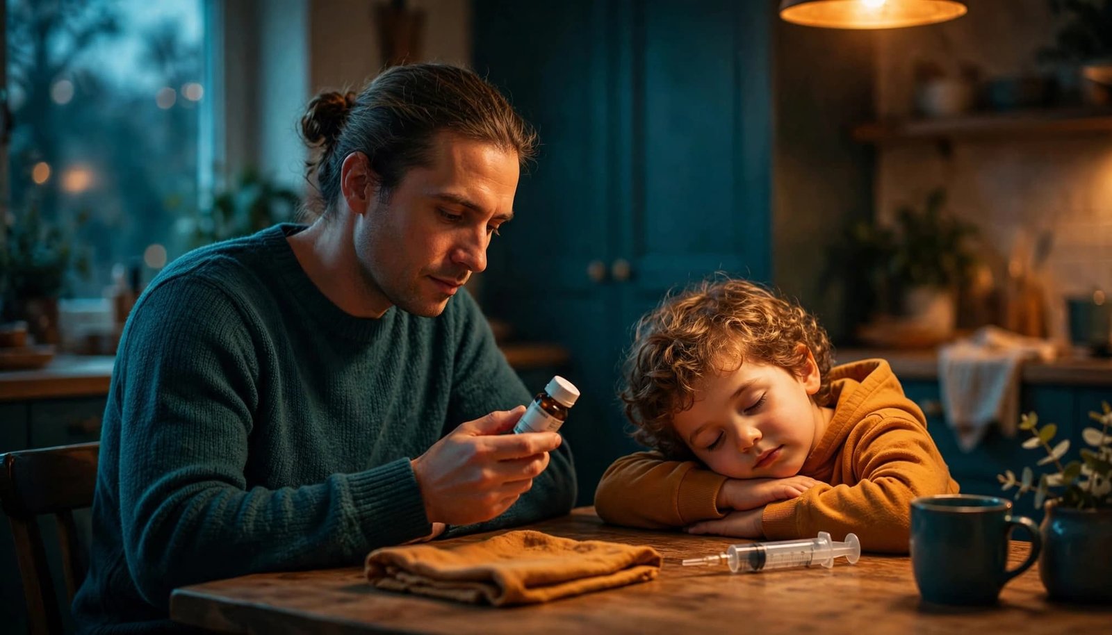 A parent checks cough medicine while a child rests beside a kitchen table.