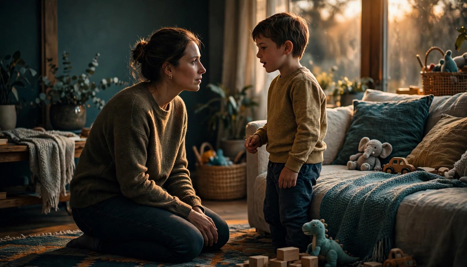 A parent kneels and listens as a child speaks in a warm living room.
