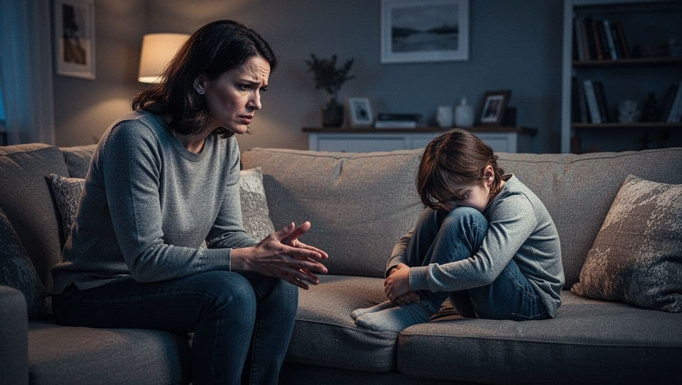 A parent sits calmly beside a curled child on a sofa in a warm living room.