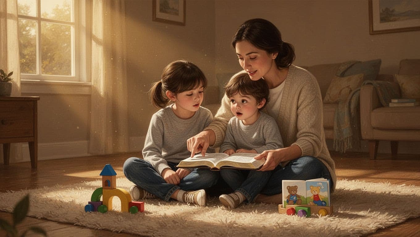 Parent points to an open Bible while a curious child listens on a soft rug.